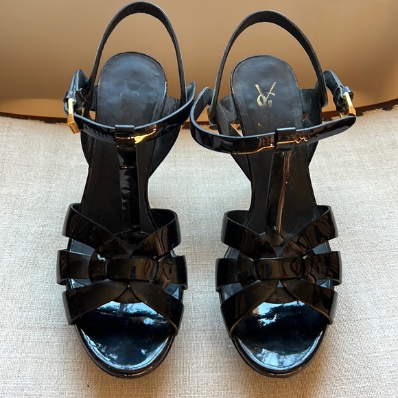 Yves Saint Laurent black patent leather Tribute platform sandal heels - Picture 1 of 6
